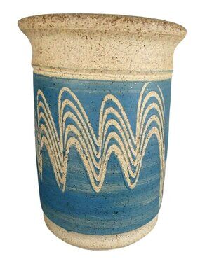 Handcrafted Blue Beige Stoneware Vase Wave Design By Mosca Vintage Art Pottery